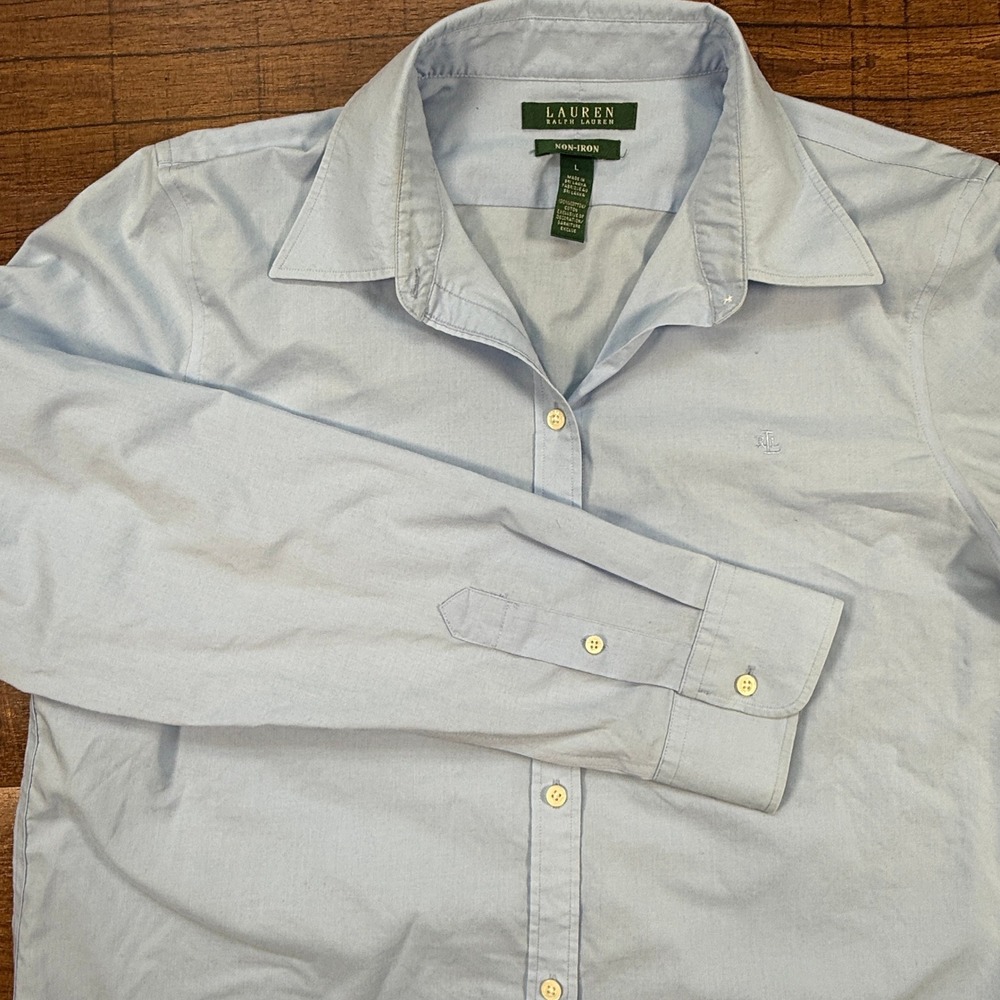 Lauren Ralph Lauren Button Down Women Large Blue Non-Iron Cotton Long Sleeve RL